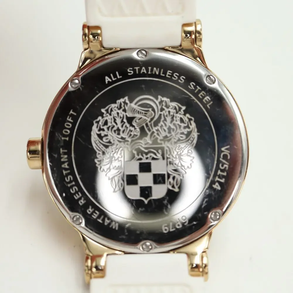 Vince Camuto 38mm MOP Womens Watch Calendar Gold Tone White Silicone New Battery
